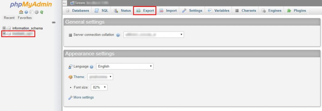 phpMyAdmin interface indicating where to find your database and the export button.